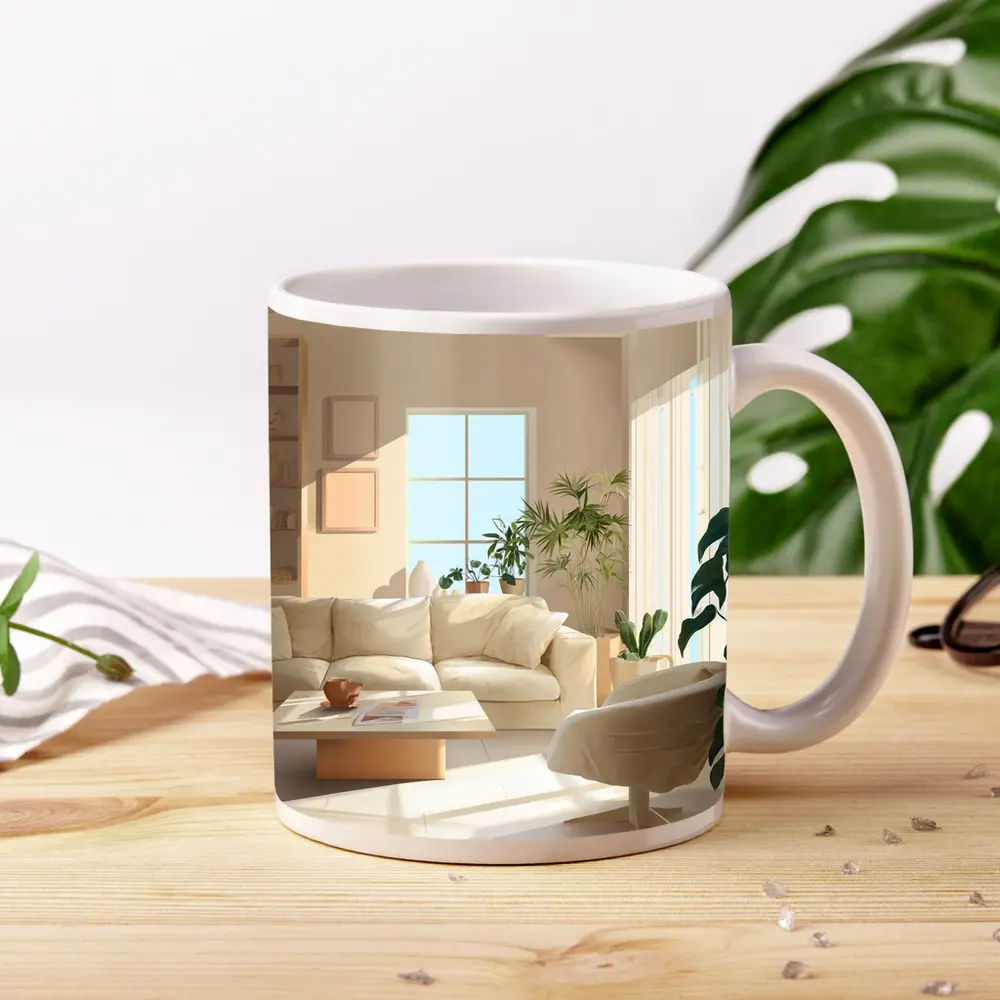 Bright Minimalist Living Room With Indoor Plants – Mugs