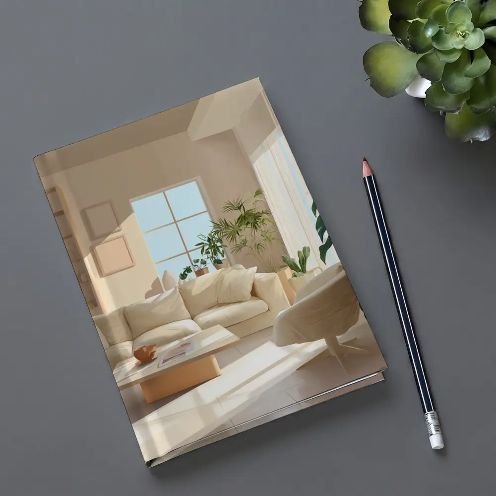 Bright Minimalist Living Room With Indoor Plants – Notebooks