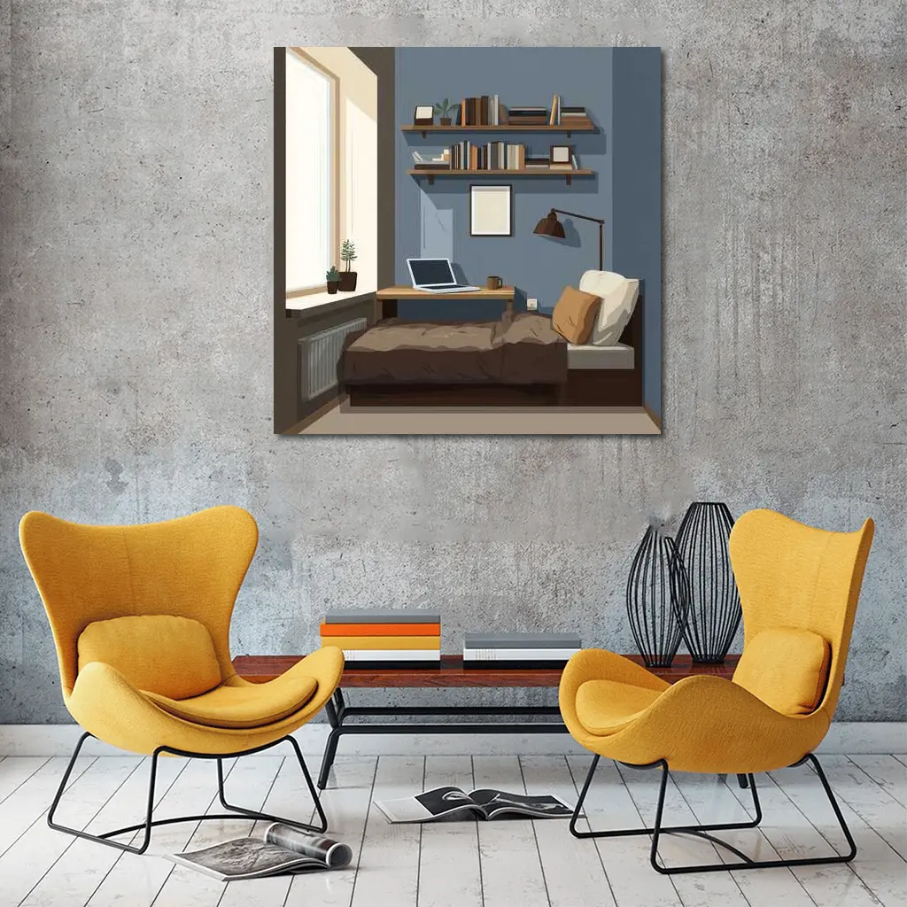 Cozy Blue Bedroom Interior Illustration Art – Wall Art