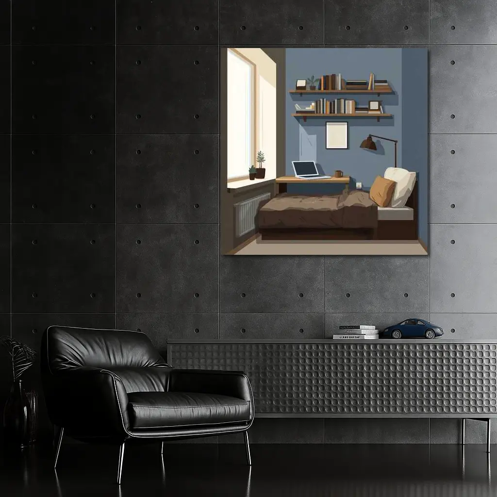 Cozy Blue Bedroom Interior Illustration Art – Wall Art