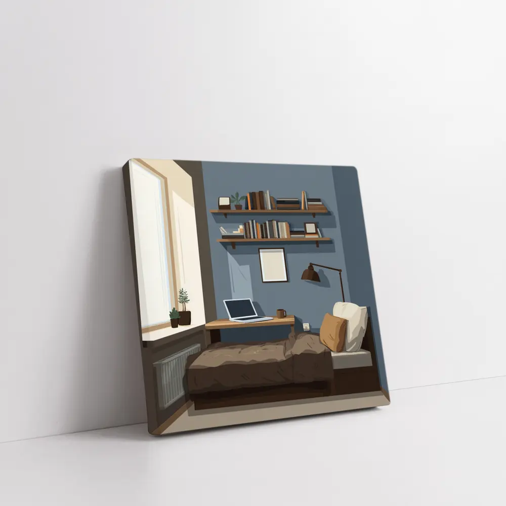 Cozy Blue Bedroom Interior Illustration Art – Wall Art