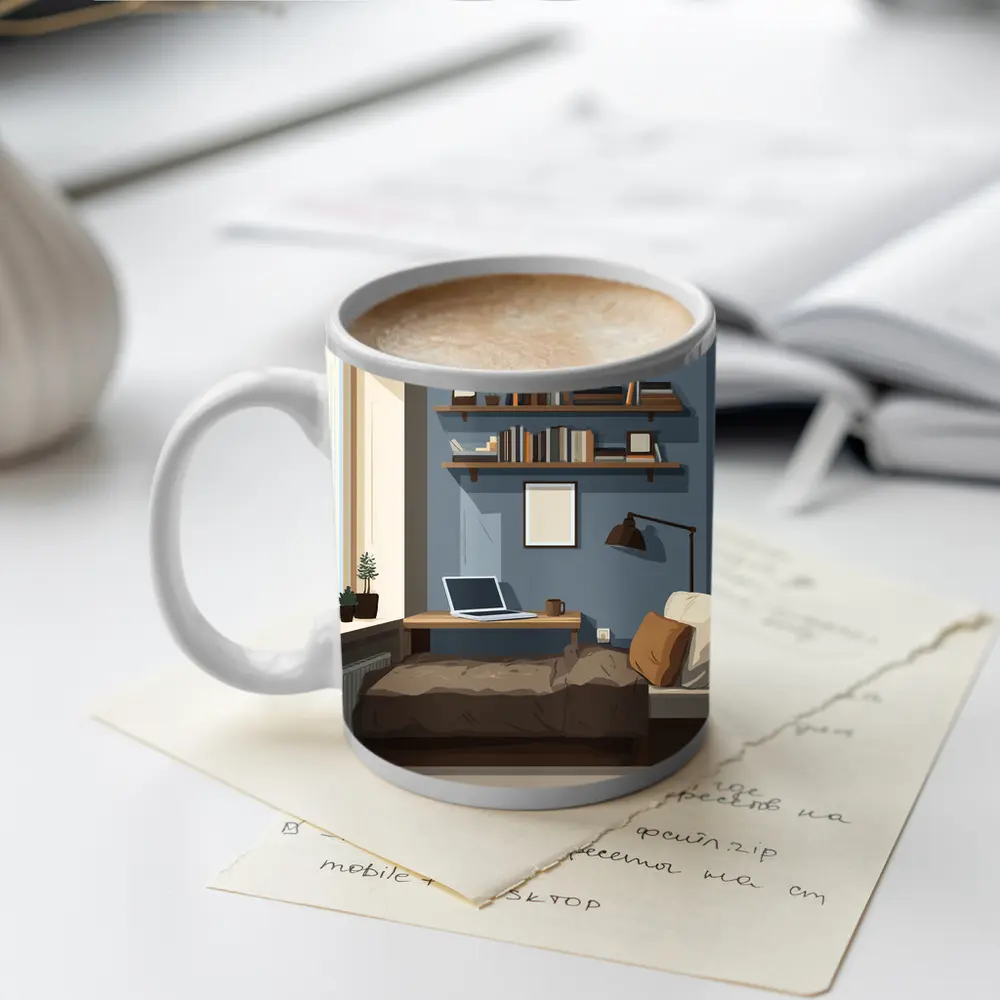 Cozy Blue Bedroom Interior Illustration Art – Mugs