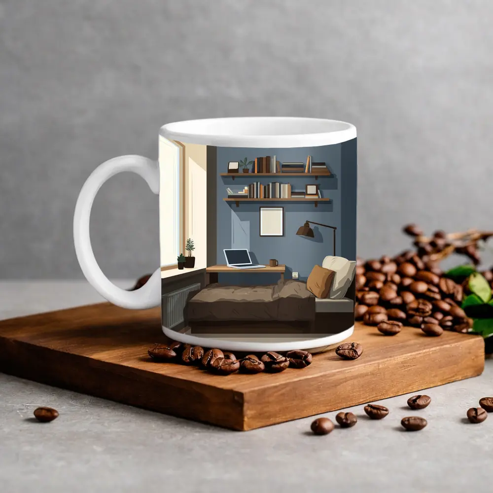 Cozy Blue Bedroom Interior Illustration Art – Mugs