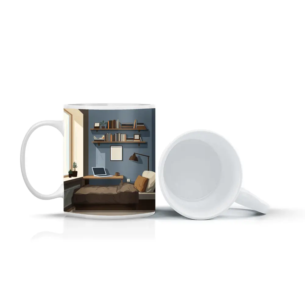 Cozy Blue Bedroom Interior Illustration Art – Mugs