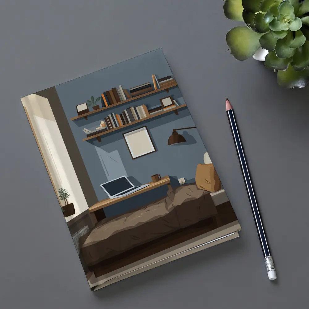Cozy Blue Bedroom Interior Illustration Art – Notebooks