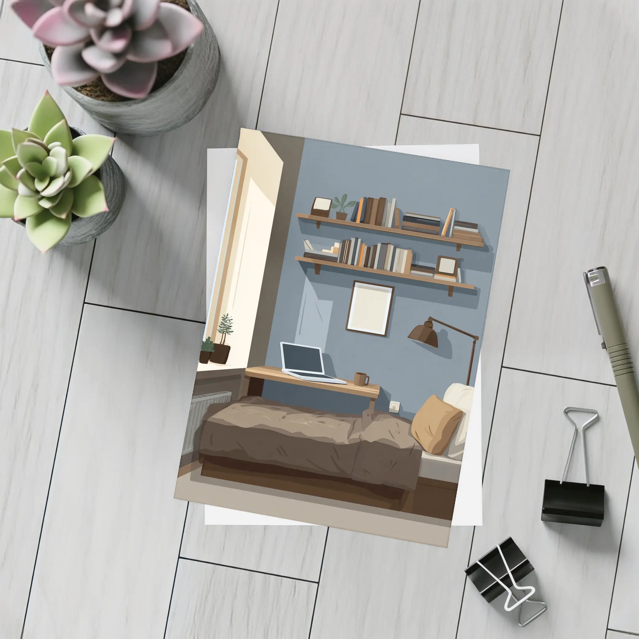 Cozy Blue Bedroom Interior Illustration Art – Postcards