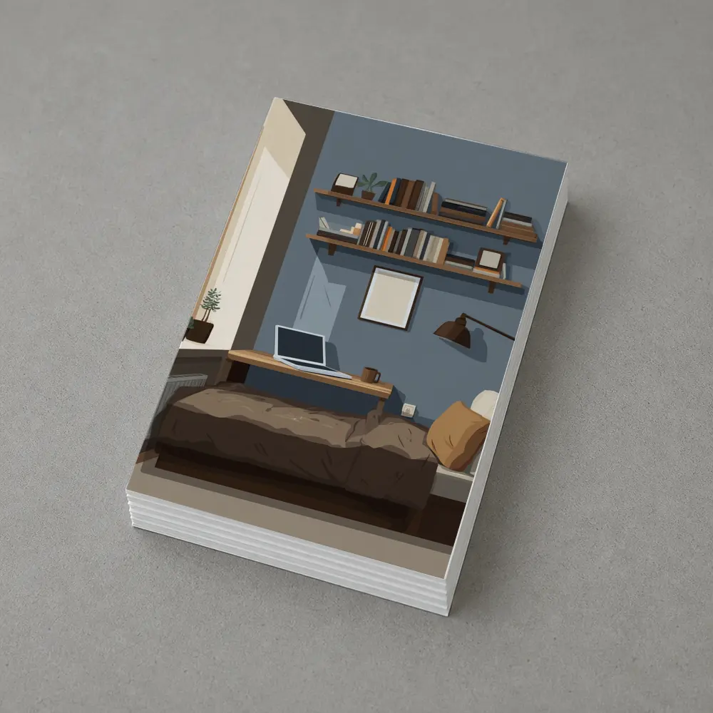 Cozy Blue Bedroom Interior Illustration Art – Postcards