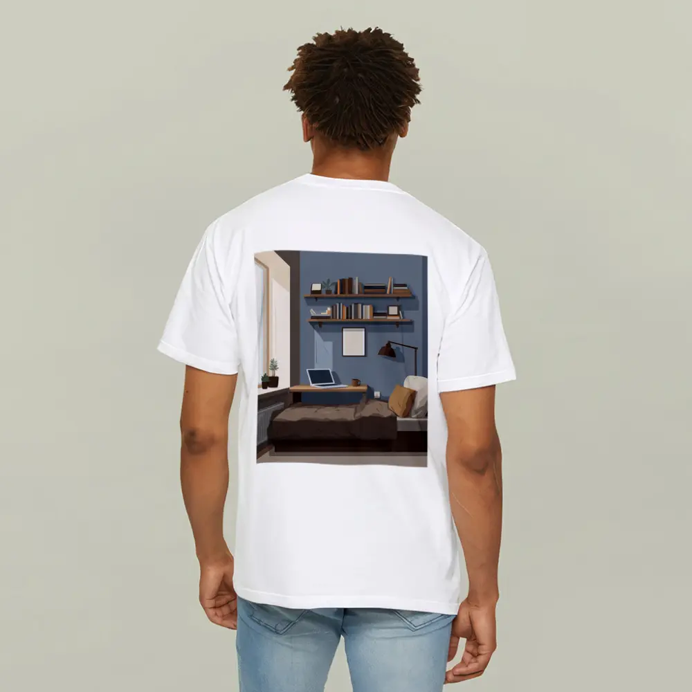 Cozy Blue Bedroom Interior Illustration Art – T-Shirts
