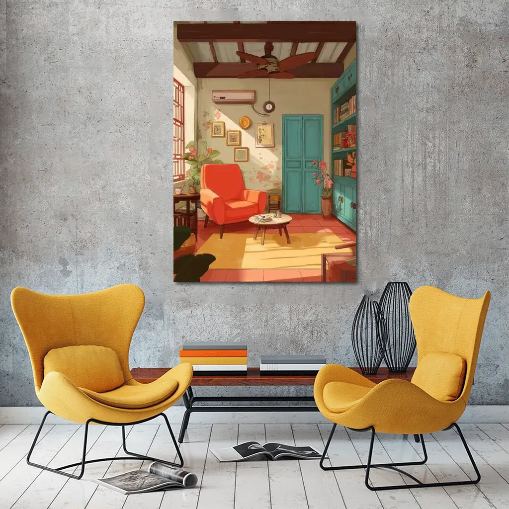 Cozy Retro Living Room Interior Illustration Art – Wall Art