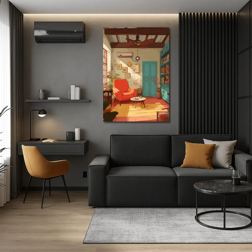 Cozy Retro Living Room Interior Illustration Art – Wall Art