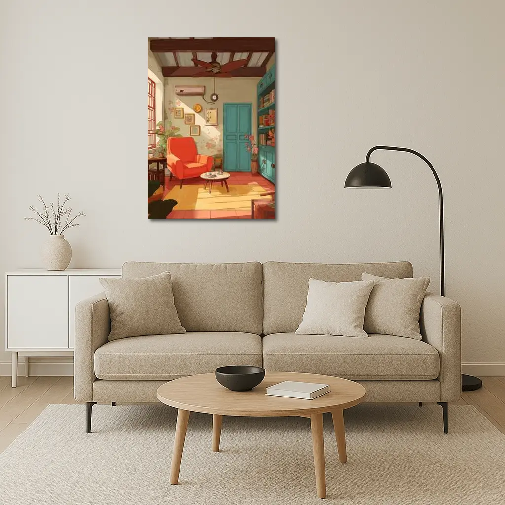 Cozy Retro Living Room Interior Illustration Art – Wall Art