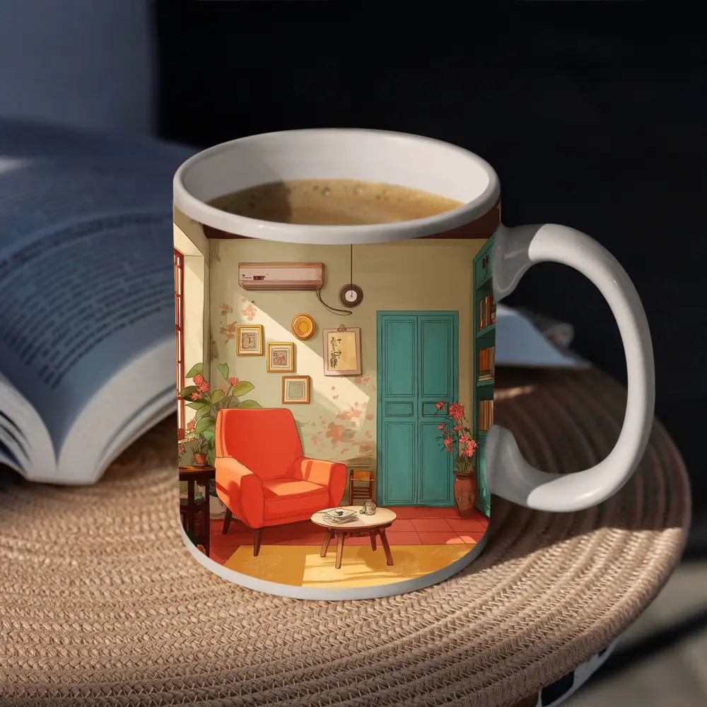 Cozy Retro Living Room Interior Illustration Art – Mugs