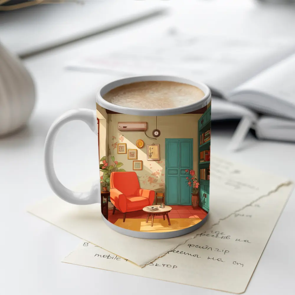 Cozy Retro Living Room Interior Illustration Art – Mugs