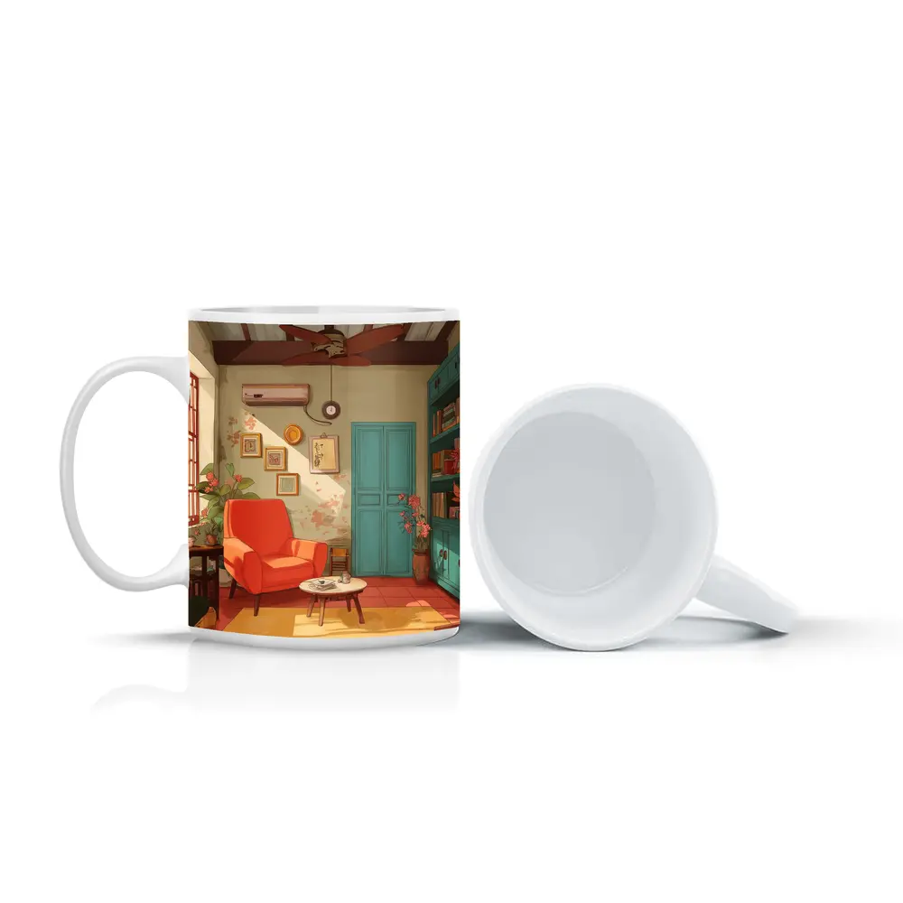 Cozy Retro Living Room Interior Illustration Art – Mugs