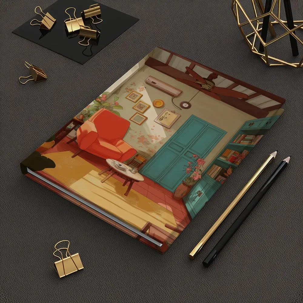 Cozy Retro Living Room Interior Illustration Art – Notebooks