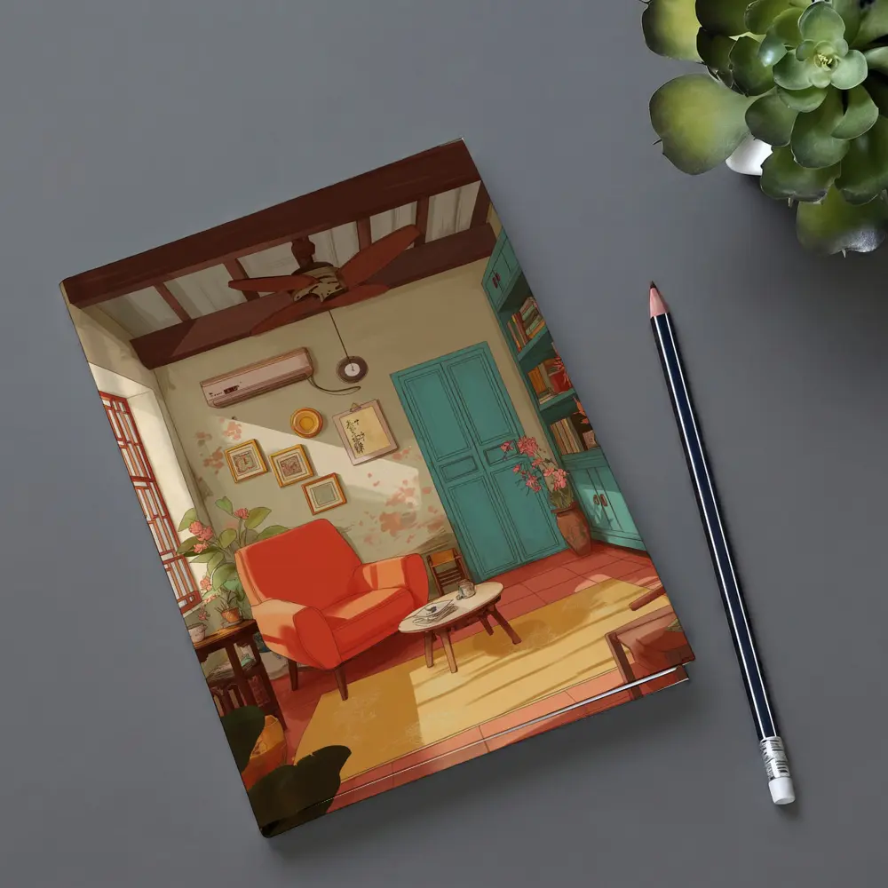 Cozy Retro Living Room Interior Illustration Art – Notebooks