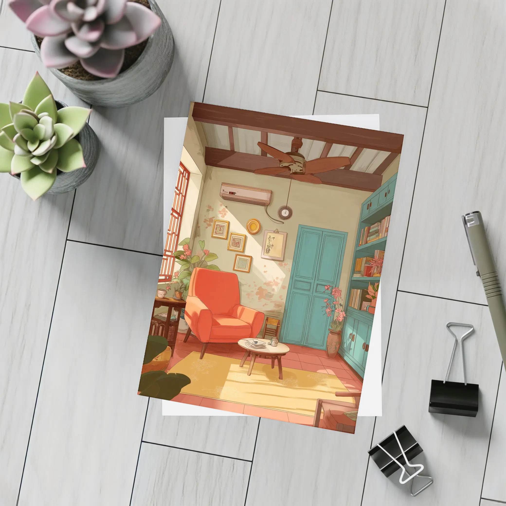 Cozy Retro Living Room Interior Illustration Art – Postcards