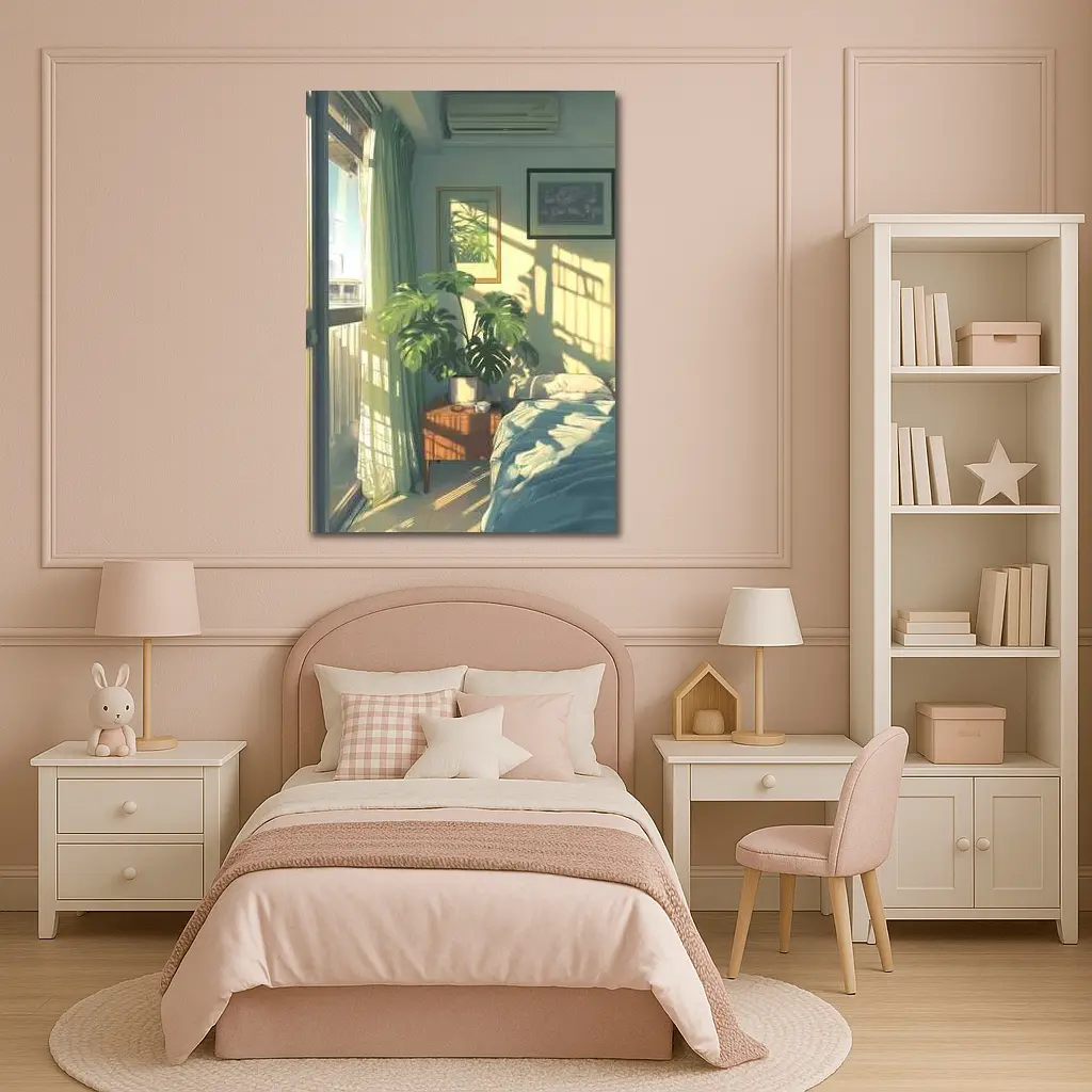 Anime Bedroom Morning Light Monstera Plant – Wall Art