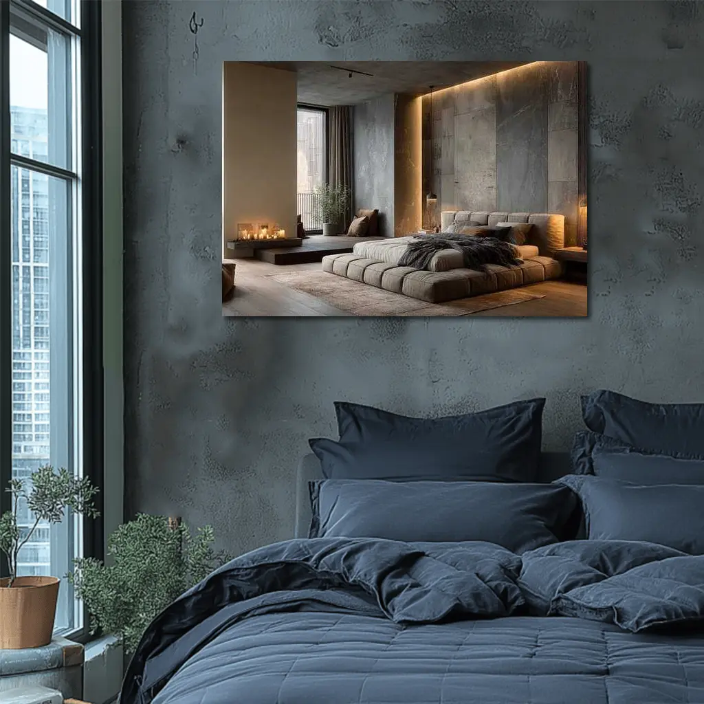 Luxury Bedroom Interior Warm Stone Wall – Wall Art