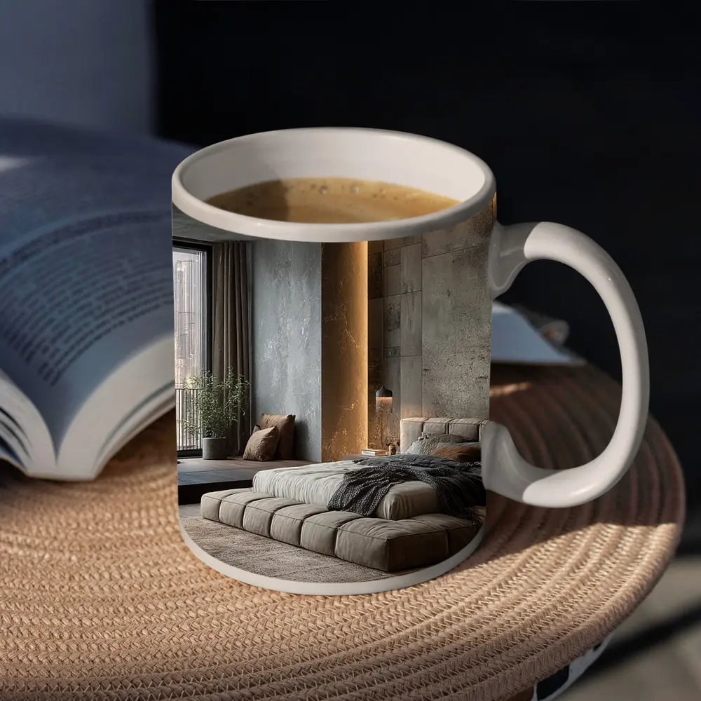 Luxury Bedroom Interior Warm Stone Wall – Mugs