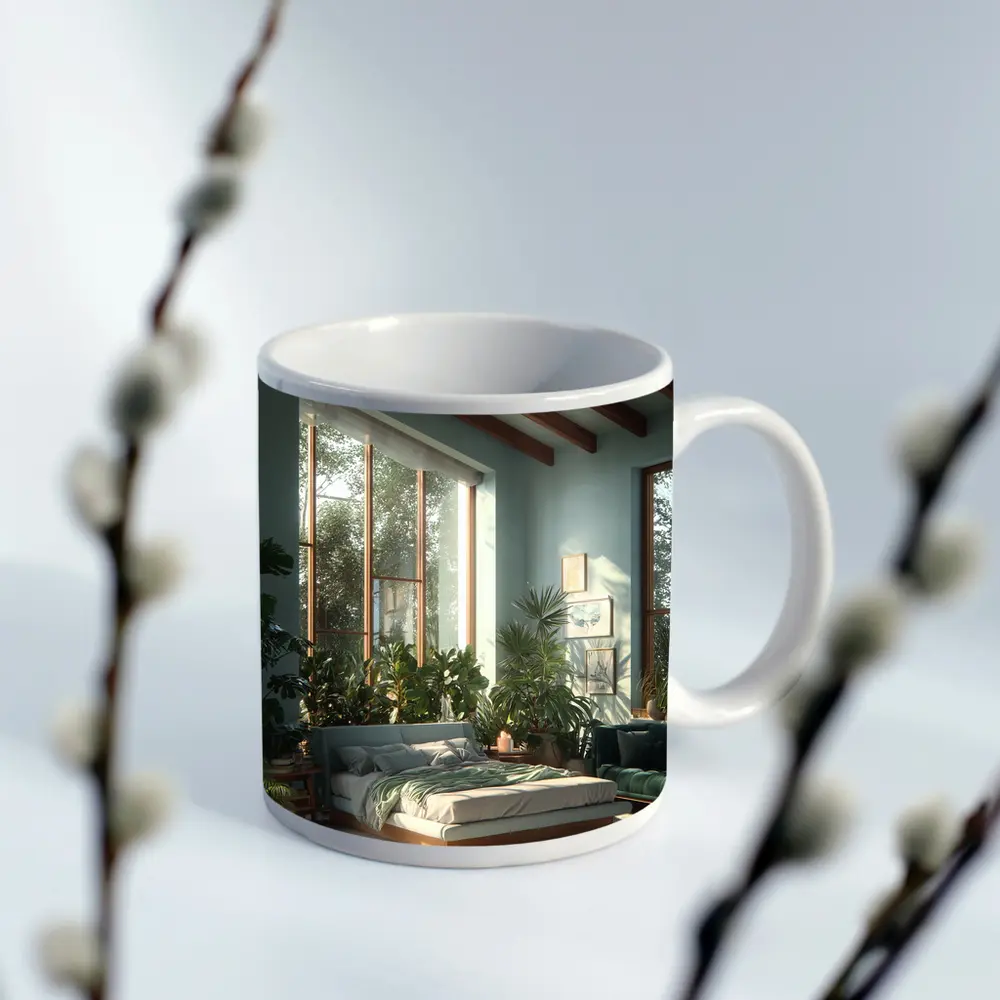 Boho Bedroom Green Plants Natural Light – Mugs