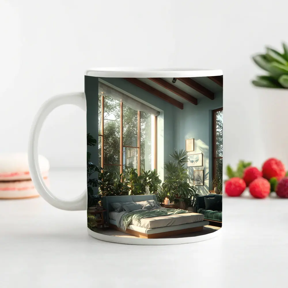 Boho Bedroom Green Plants Natural Light – Mugs
