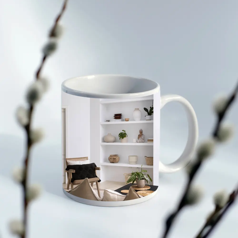 Minimal White Living Room Shelves Boho Decor – Mugs