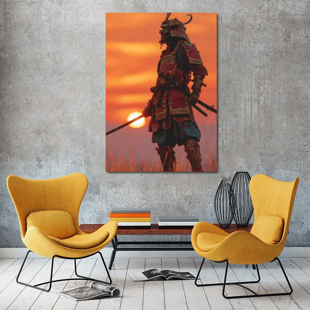 Samurai Warrior Standing at Fiery Sunset – Wall Art