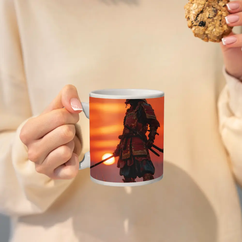 Samurai Warrior Standing at Fiery Sunset – Mugs
