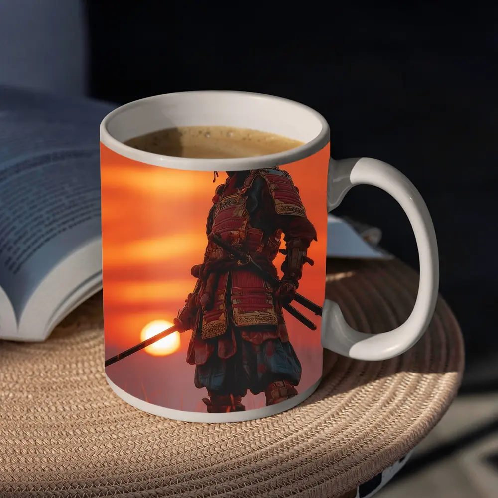 Samurai Warrior Standing at Fiery Sunset – Mugs