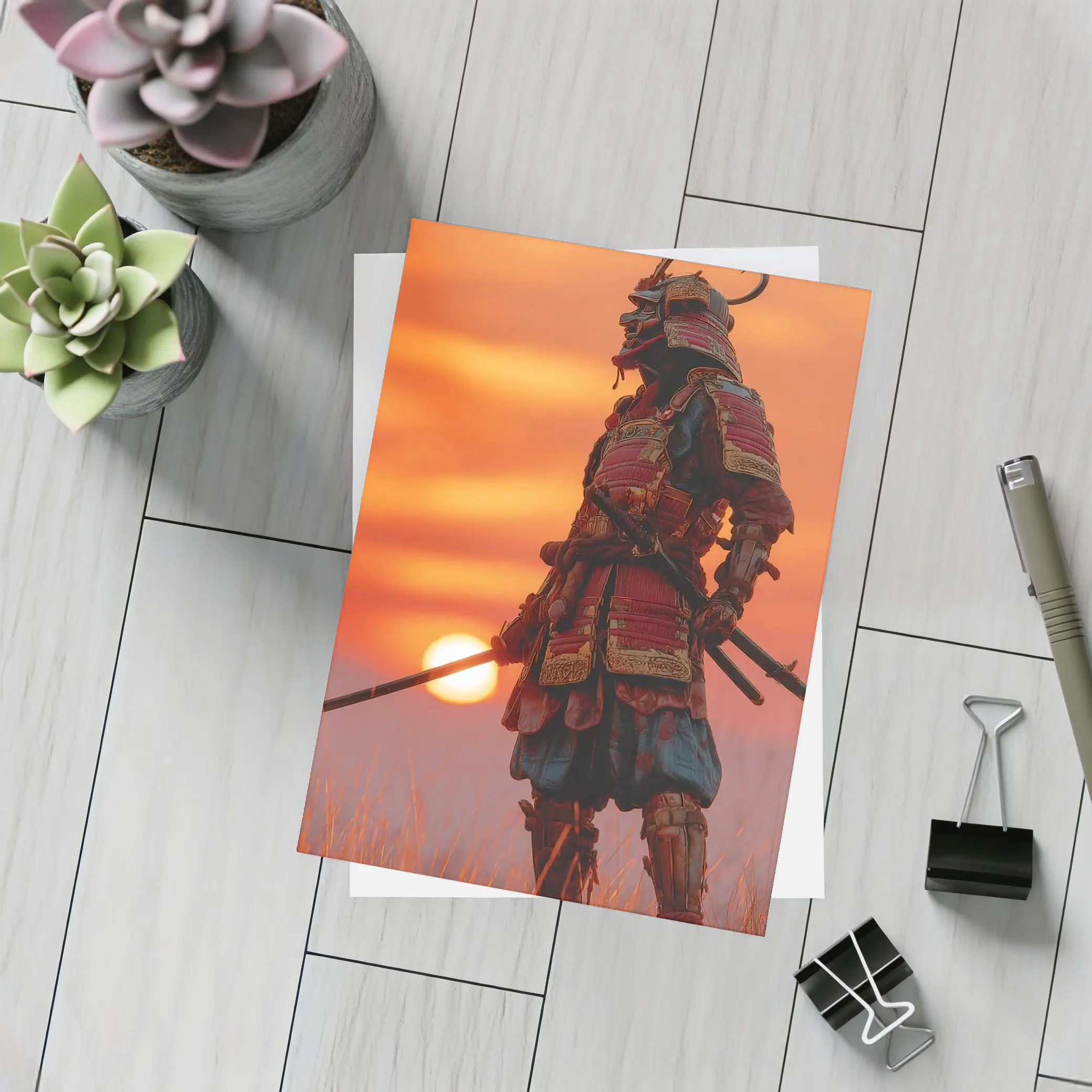 Samurai Warrior Standing at Fiery Sunset – Postcards