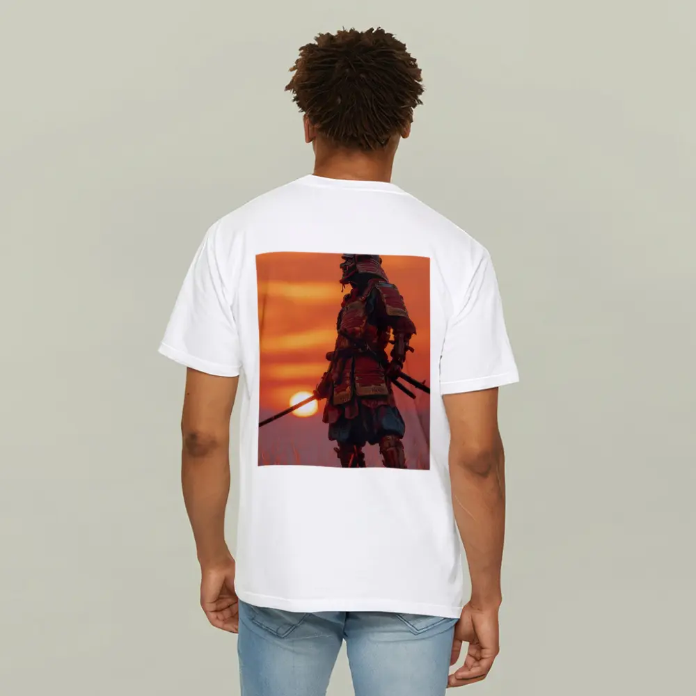 Samurai Warrior Standing at Fiery Sunset – T-Shirts