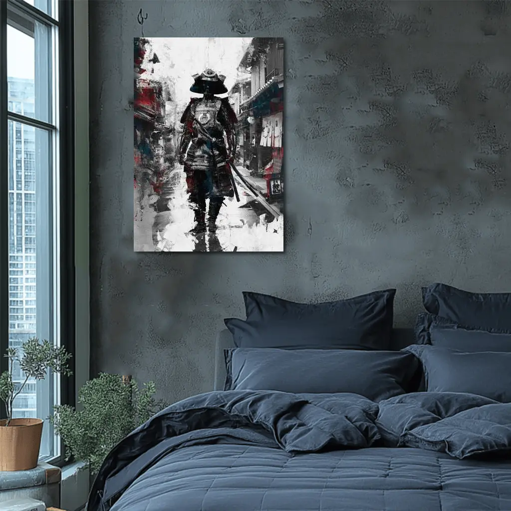 Samurai Warrior Walking Through Japanese Street – Wall Art