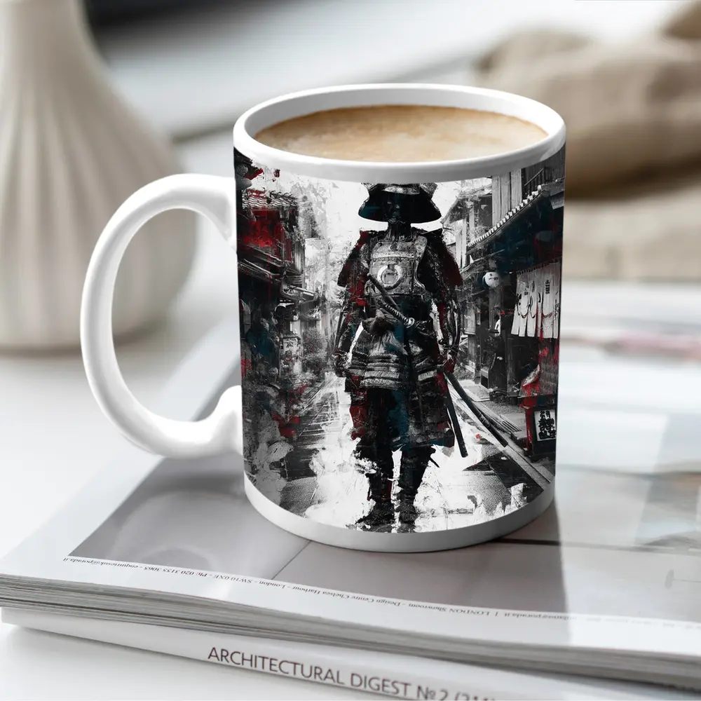 Samurai Warrior Walking Through Japanese Street – Mugs