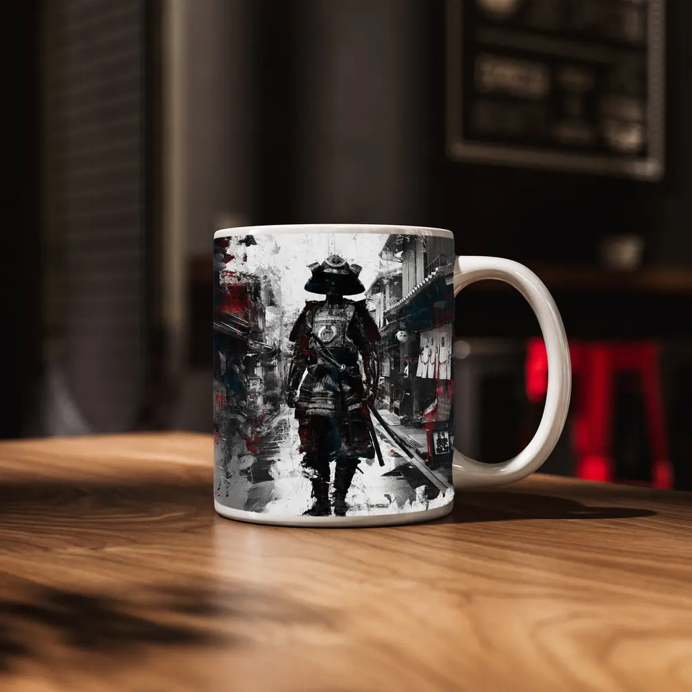 Samurai Warrior Walking Through Japanese Street – Mugs