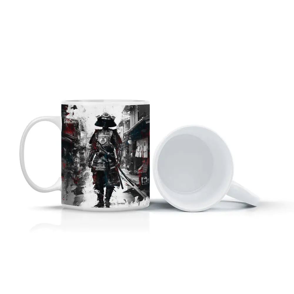 Samurai Warrior Walking Through Japanese Street – Mugs