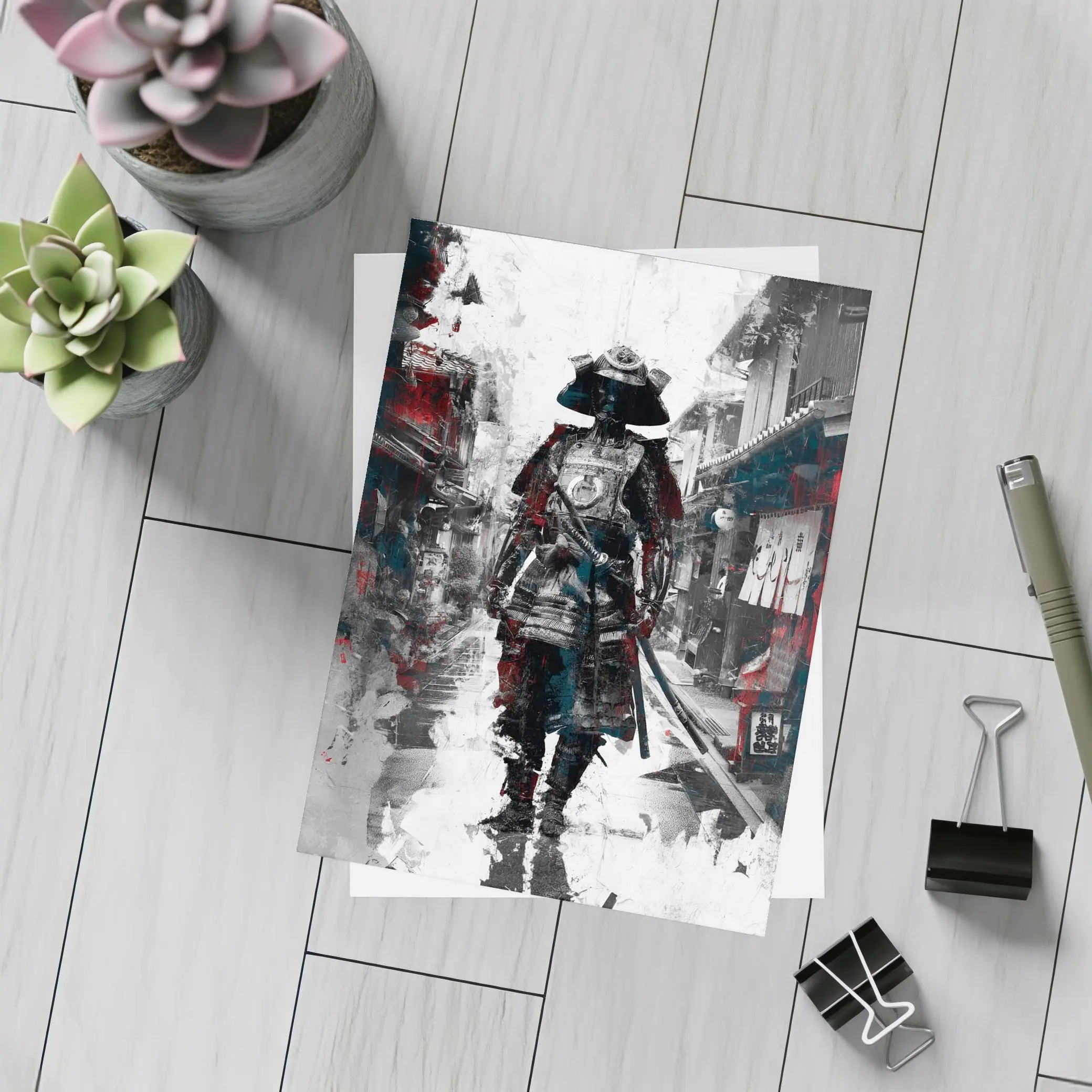 Samurai Warrior Walking Through Japanese Street – Postcards