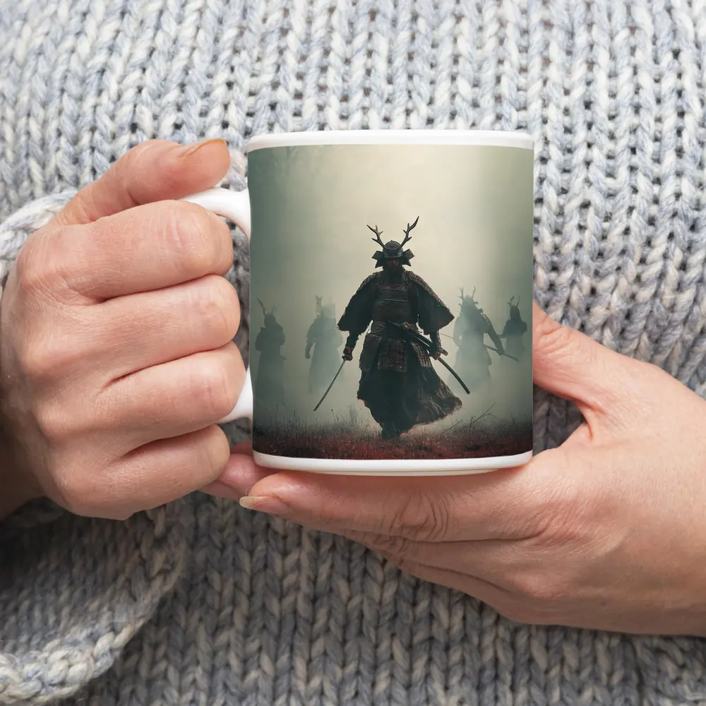 Samurai Warrior Walking Through Misty Battlefield – Mugs