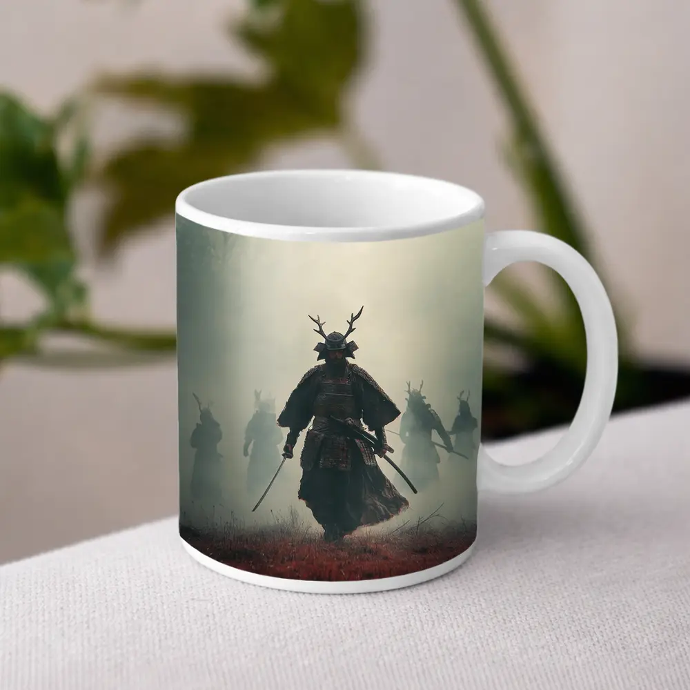Samurai Warrior Walking Through Misty Battlefield – Mugs