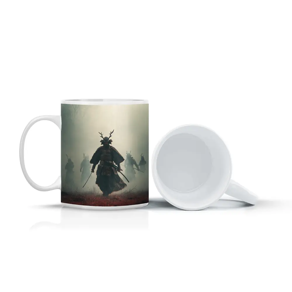 Samurai Warrior Walking Through Misty Battlefield – Mugs