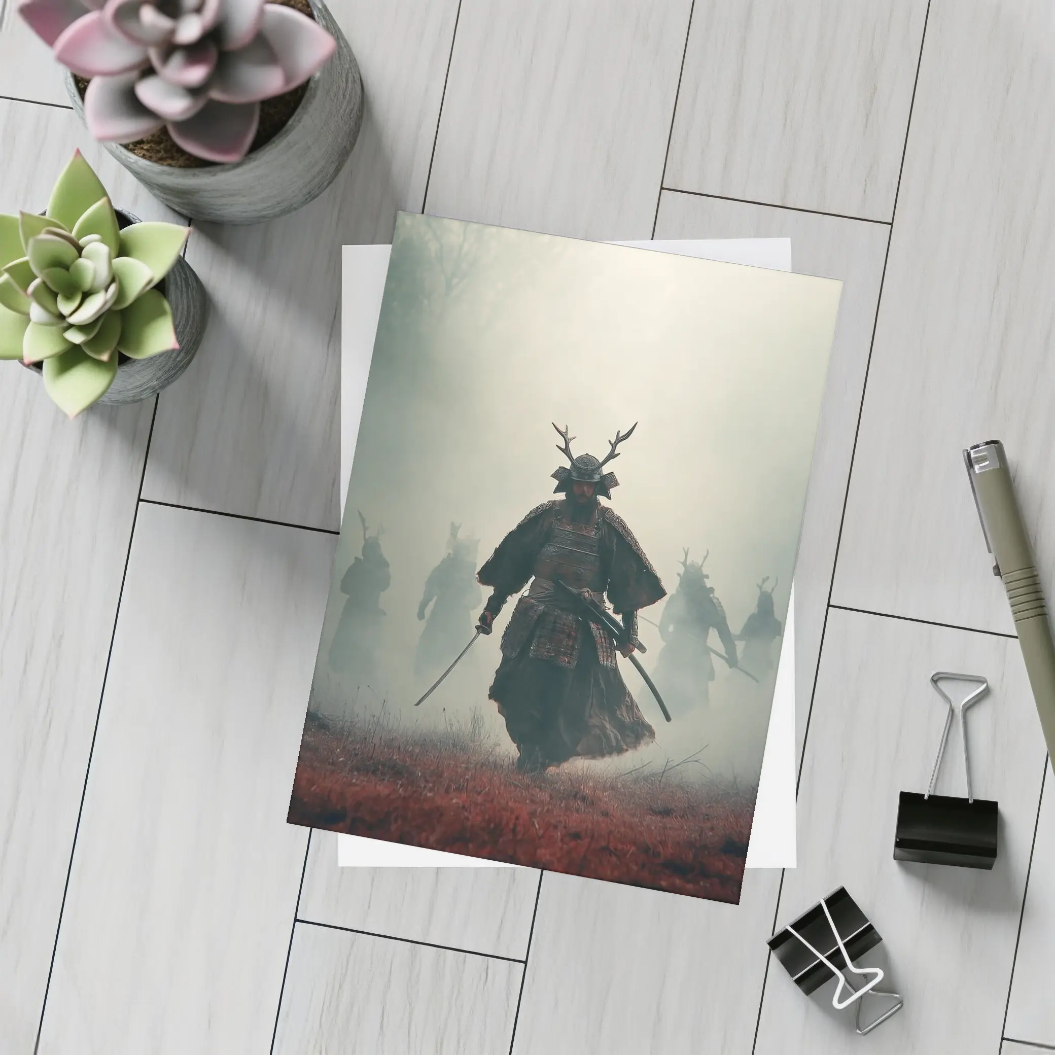 Samurai Warrior Walking Through Misty Battlefield – Postcards