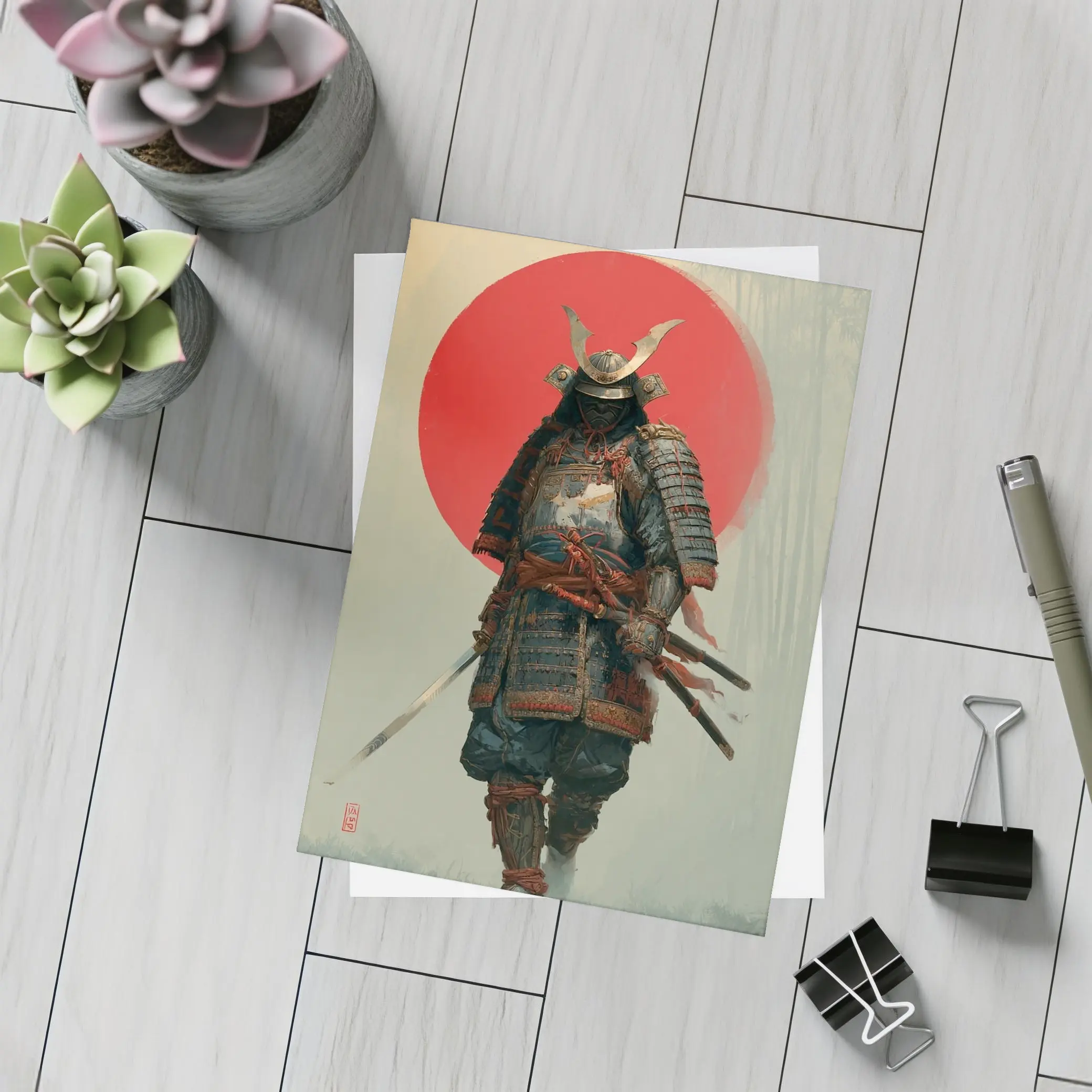 Samurai Warrior Red Sun Misty Forest – Postcards