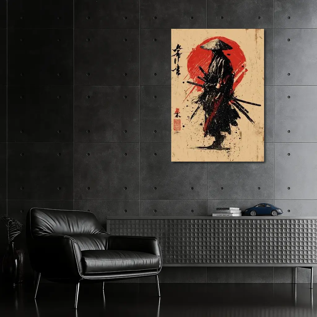 Samurai Warrior Red Sun Ink Art – Wall Art