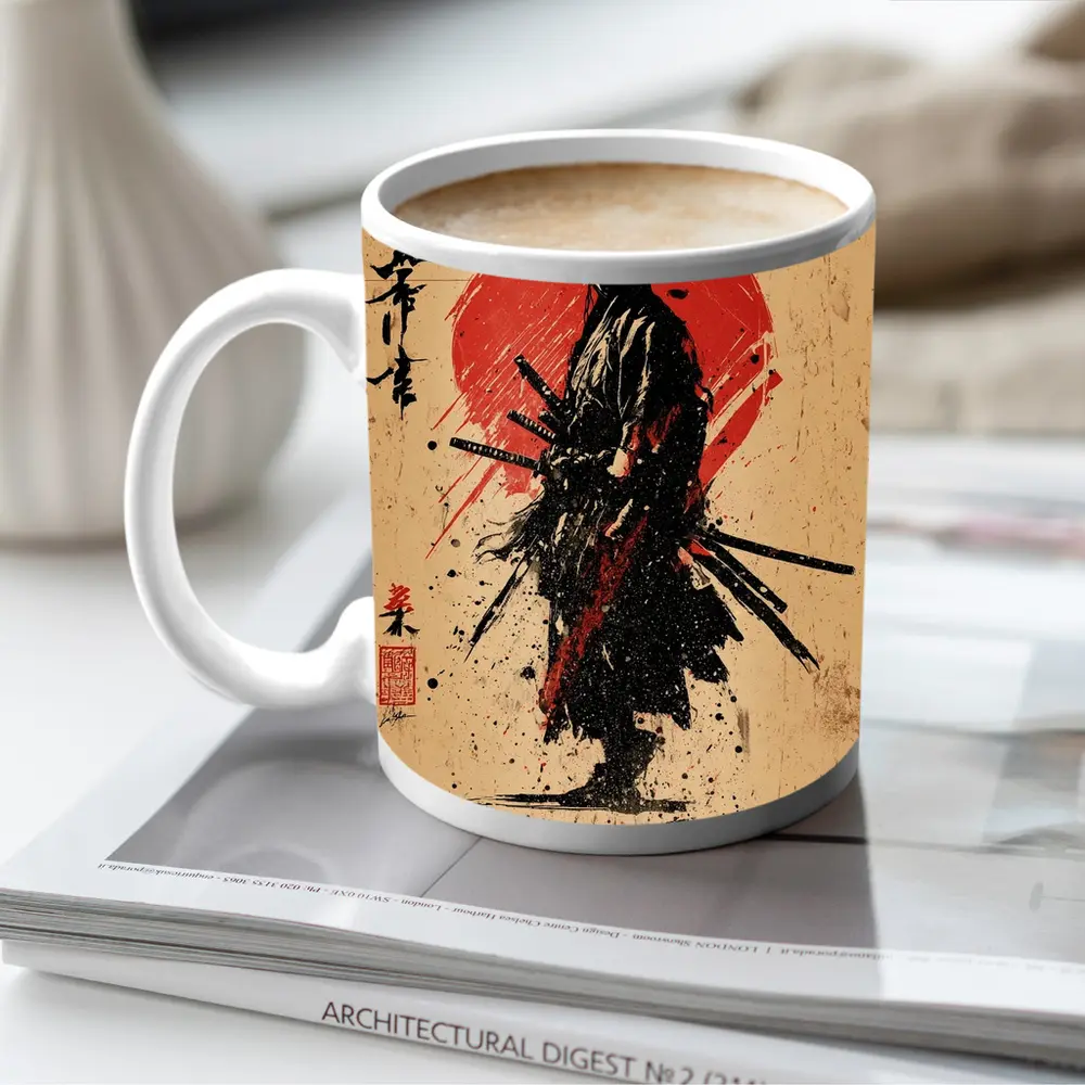 Samurai Warrior Red Sun Ink Art – Mugs