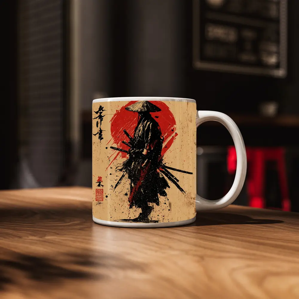 Samurai Warrior Red Sun Ink Art – Mugs