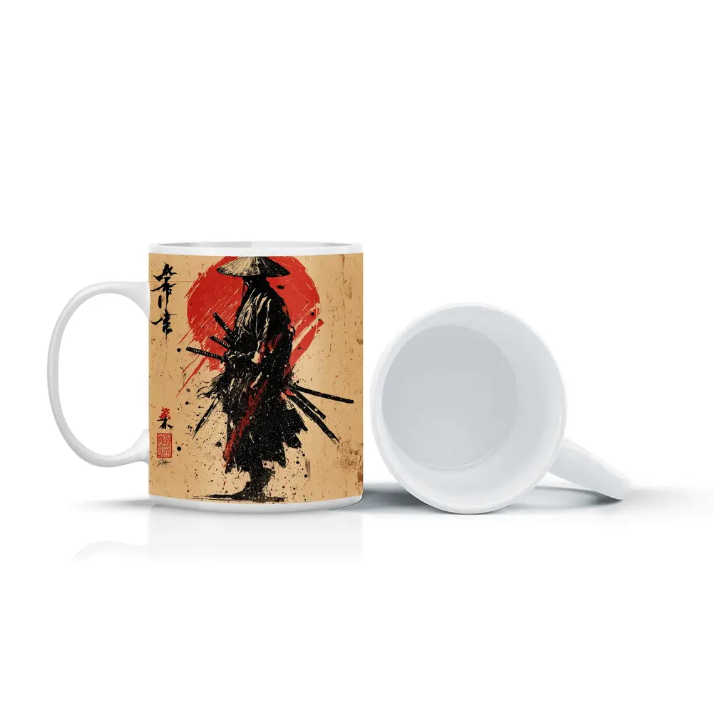 Samurai Warrior Red Sun Ink Art – Mugs