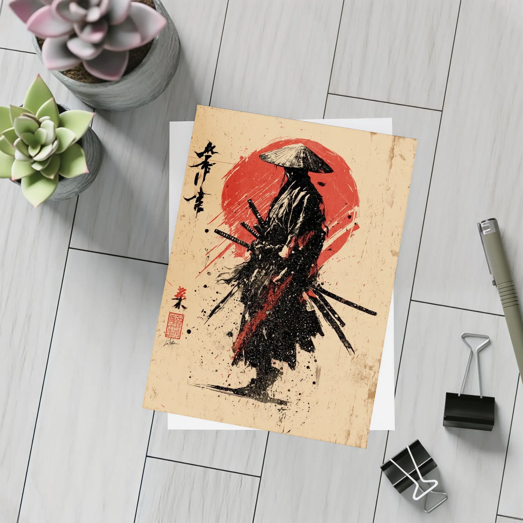Samurai Warrior Red Sun Ink Art – Postcards