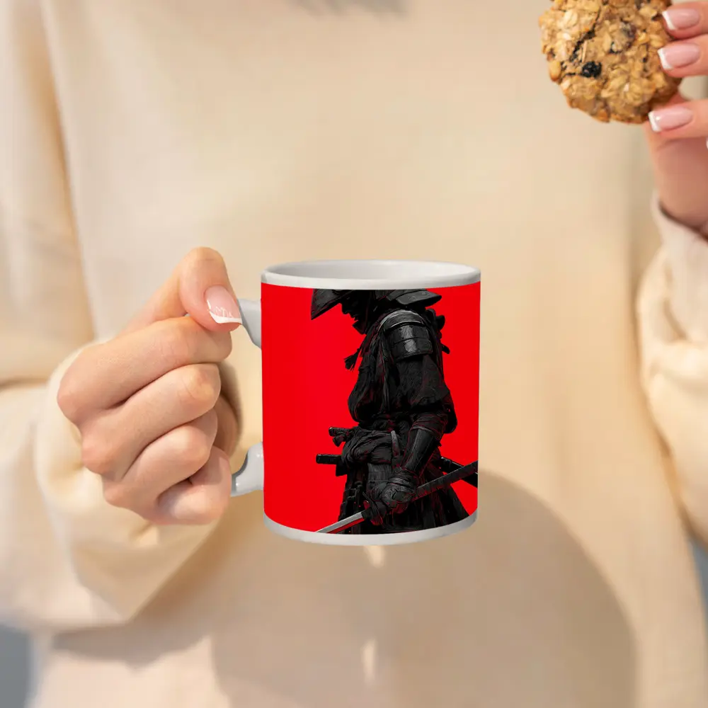 Dark Samurai Warrior Red Background Art – Mugs