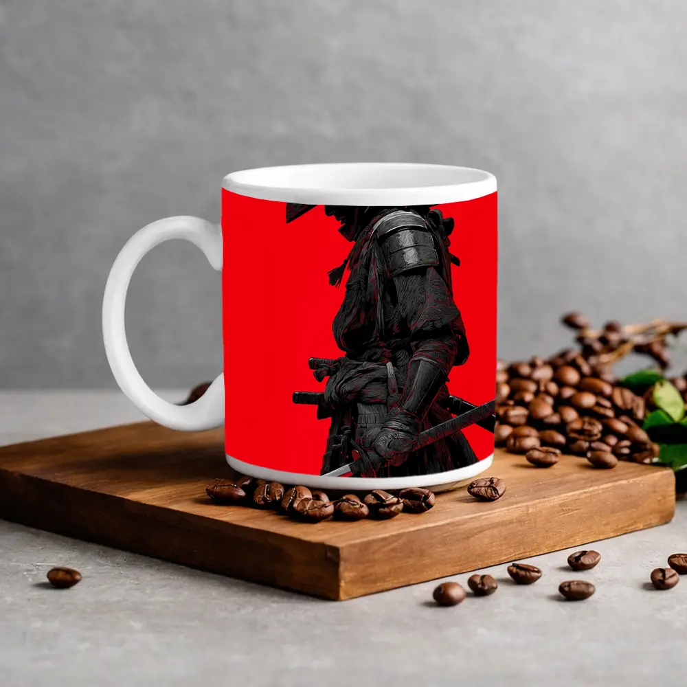 Dark Samurai Warrior Red Background Art – Mugs