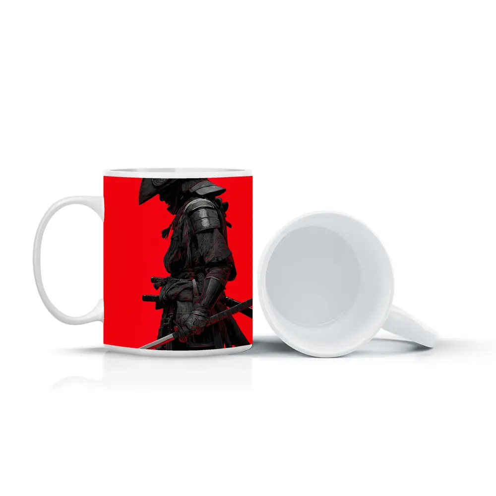Dark Samurai Warrior Red Background Art – Mugs